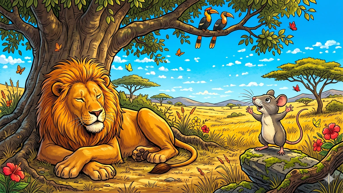 The Lion and the Mouse - Cover - Sleeping golden-maned lion and tiny grey-brown mouse on moss-rock under a great fig tree, vibrant Amar Chitra Katha style