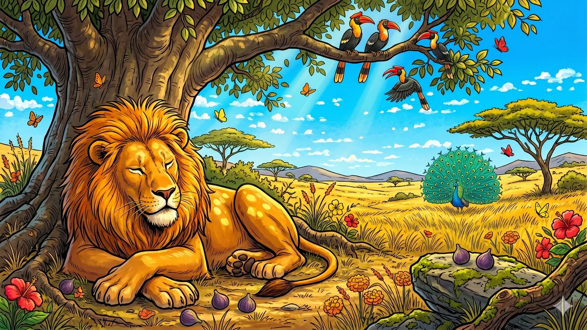 The Lion and the Mouse - Scene 01 - The mighty lion sleeping at noon under a great fig tree with hornbills and peacocks, vibrant ACK style