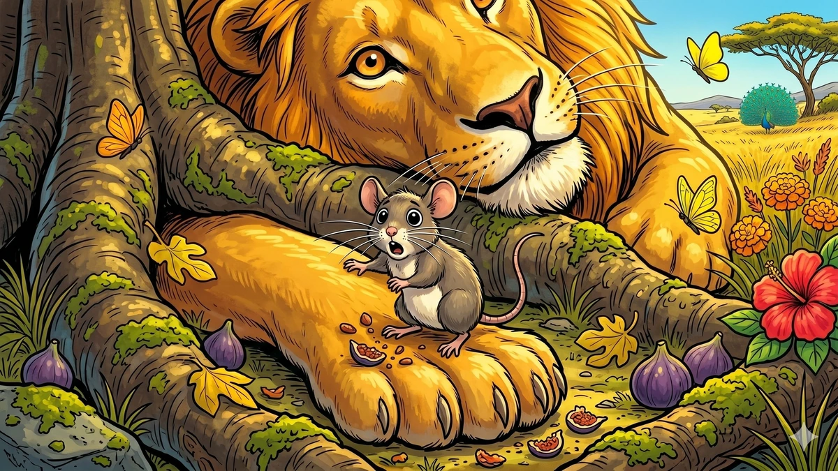 The Lion and the Mouse - Scene 02 - Tiny grey-brown mouse frozen on the lion's massive paw as the amber eye opens, vibrant ACK style