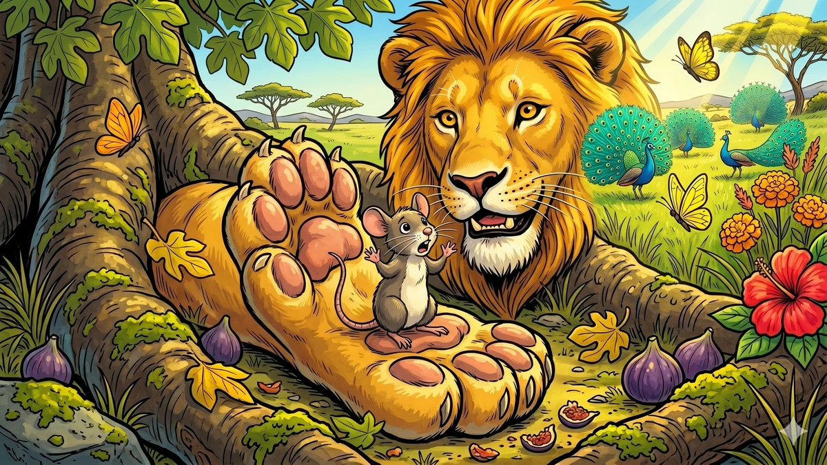The Lion and the Mouse - Scene 03 - Lion gently cupping the pleading mouse in his enormous paw with falling fig leaves and butterflies, vibrant ACK style