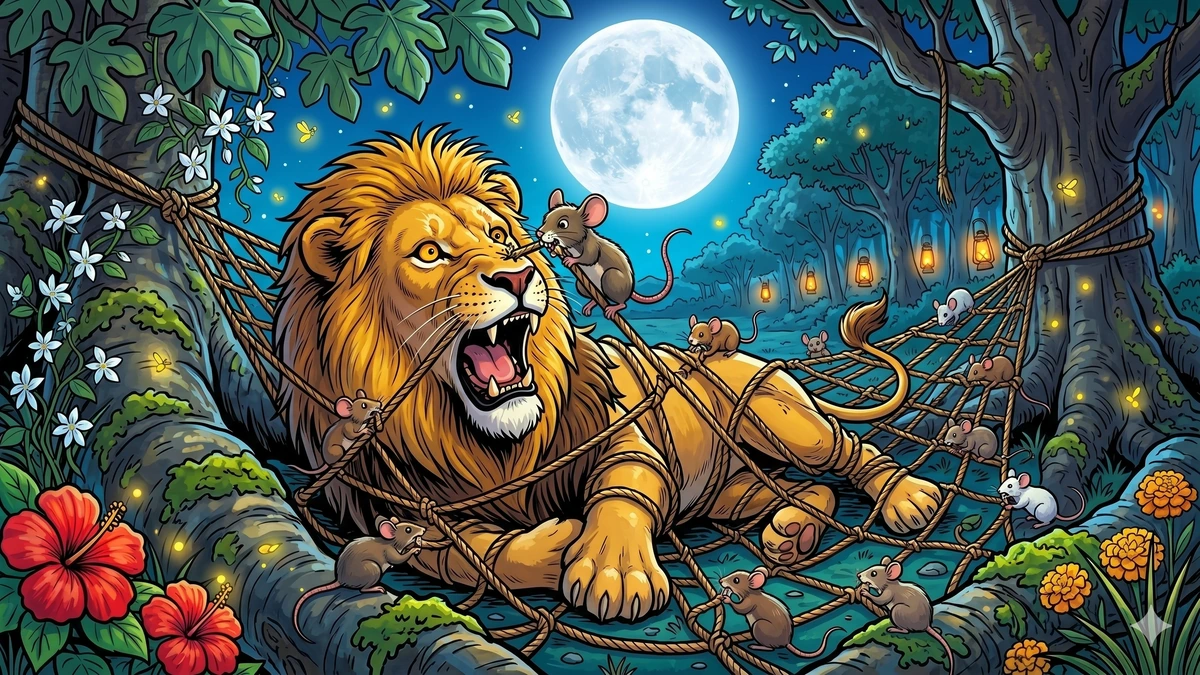 The Lion and the Mouse - Scene 04 - Bound lion in a great net under full moon, mice gnawing through ropes, fireflies, vibrant ACK style