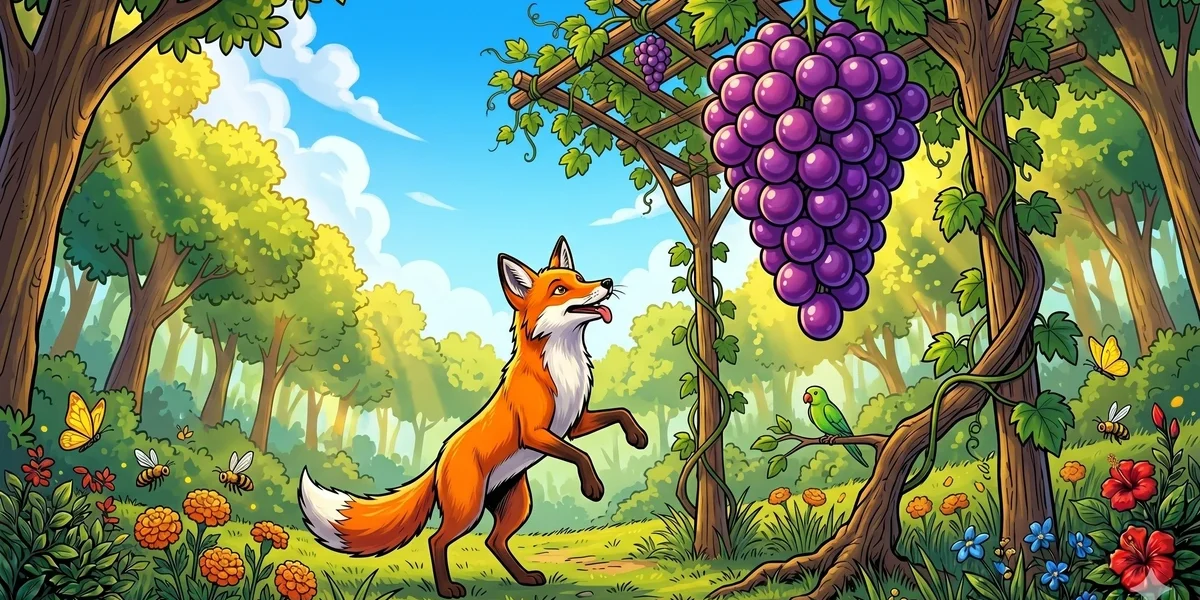 The Fox and the Grapes - Cover - Sleek bright orange-and-white fox standing on hind legs at the foot of a tall trellis looking up longingly at a great cluster of fat round deep-purple grapes hanging high in golden afternoon light, surrounded by green leaves and butterflies, vibrant Amar Chitra Katha style