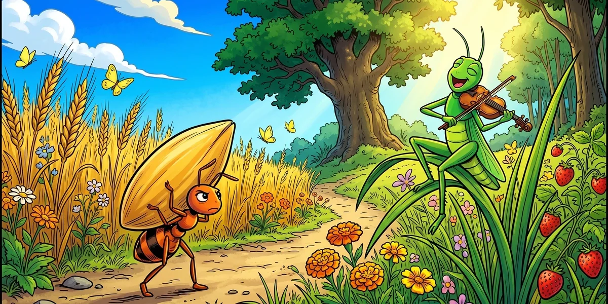 The Ant and the Grasshopper - Cover - Bright sun-drenched summer garden with small orange ant carrying a golden wheat grain three times her size on a dusty path on the left, and slender emerald-green grasshopper sitting on a tall green blade of grass with a tiny brown wooden fiddle singing on the right, marigolds, butterflies, oak tree, vibrant Amar Chitra Katha style