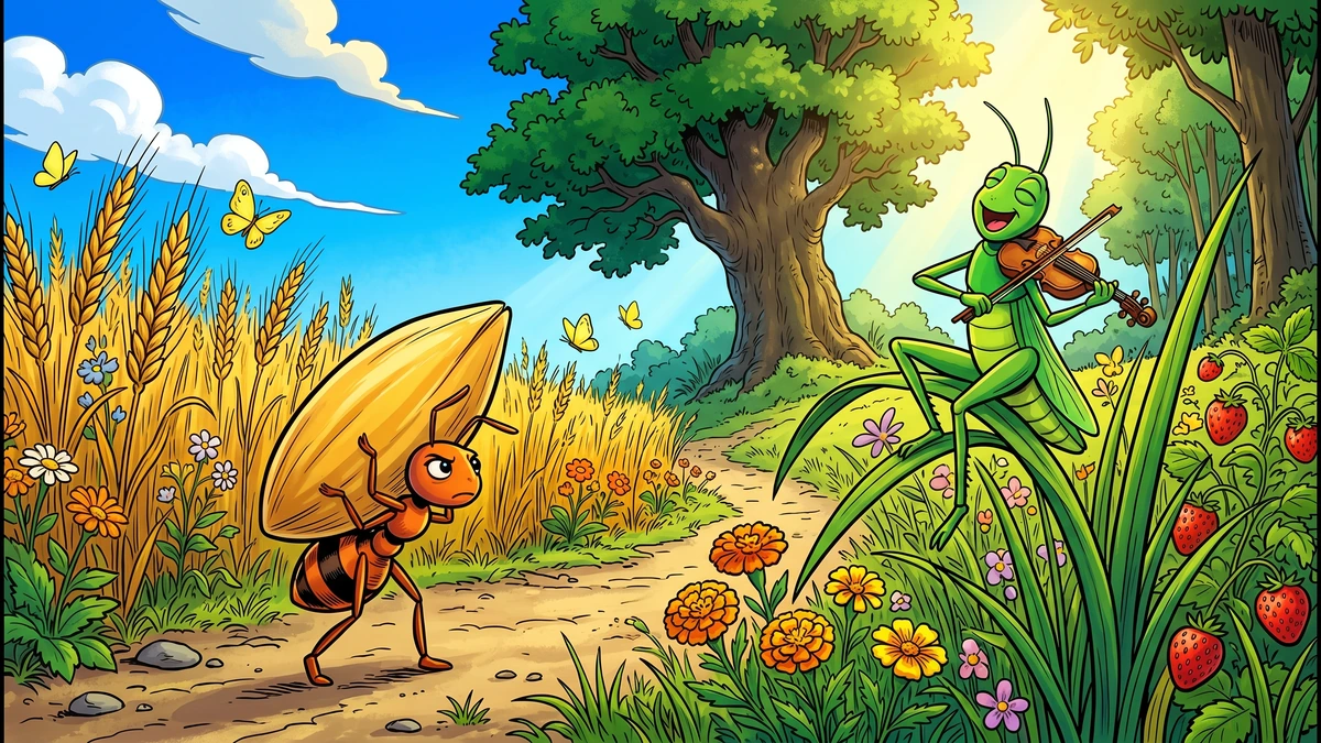 The Ant and the Grasshopper - Cover - Bright sun-drenched summer garden with small orange ant carrying a golden wheat grain three times her size on a path on the left, slender emerald-green grasshopper on a tall green grass blade with a tiny brown wooden fiddle singing on the right, marigolds, butterflies, oak tree, vibrant Amar Chitra Katha style