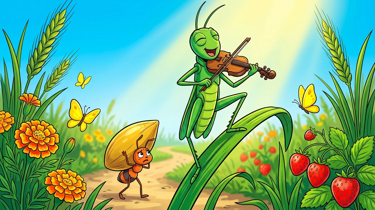 The Ant and the Grasshopper - Scene 02 - Close on the emerald-green grasshopper standing on a tall green grass blade, fiddle pressed to chin, eyes closed in joy, mouth open in song, with the small orange ant trudging past in soft focus carrying a giant seed, sunny garden, vibrant ACK style