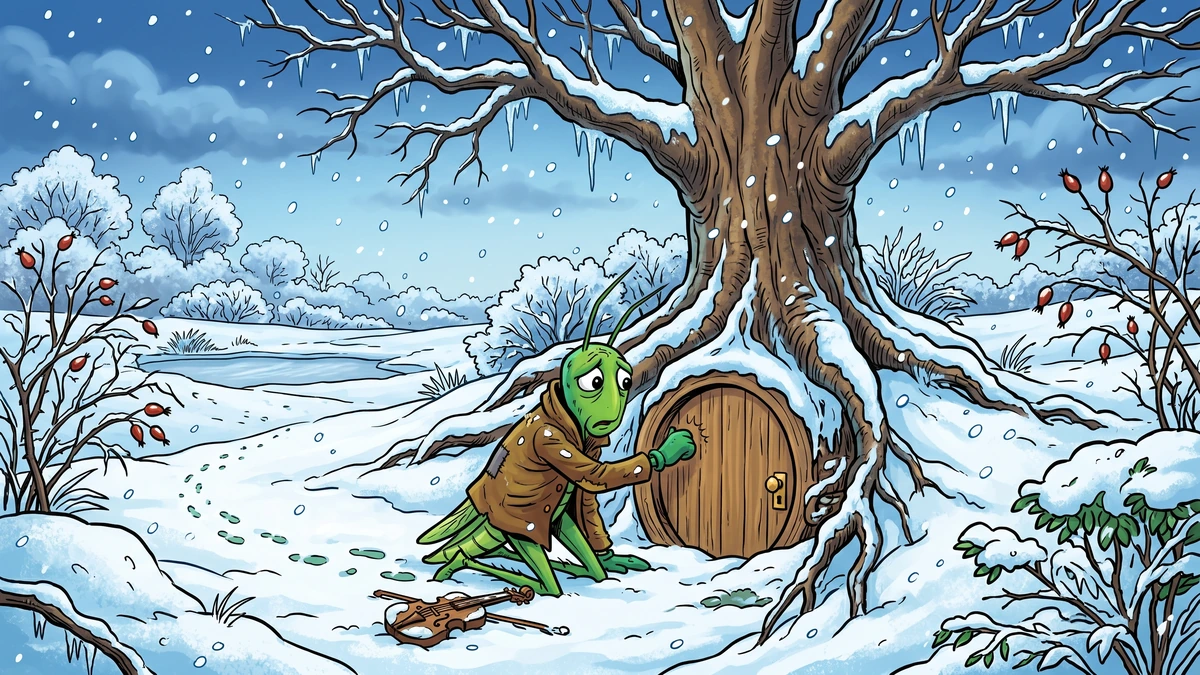 The Ant and the Grasshopper - Scene 03 - Cold winter morning in the snow-covered garden with the bare frosted oak tree, the thin shivering green grasshopper in a brown patched coat kneeling at the closed wooden round door of the ant's burrow knocking, fiddle dropped in the snow beside him, snowflakes drifting, vibrant ACK style