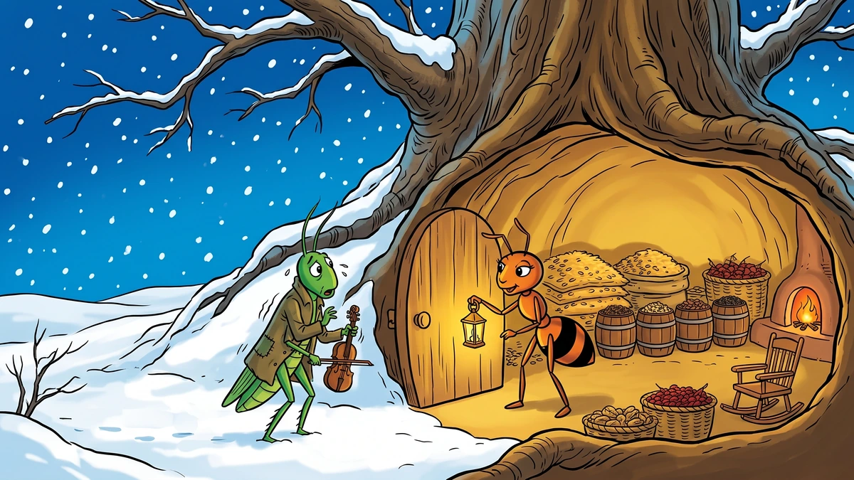 The Ant and the Grasshopper - Scene 04 - Cross-section of the warm cozy ant burrow at the base of an oak tree with the small orange ant standing in her cracked-open round wooden doorway holding a golden lantern, behind her piles of golden wheat grains, wooden barrels of seeds, baskets of dried red berries, and a small hearth fire, while outside in the snow the thin green grasshopper in a brown patched coat shivers pleadingly with his fiddle, vibrant ACK style
