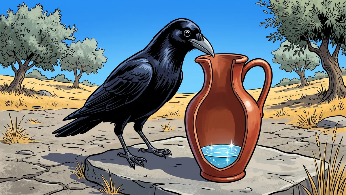 The Crow and the Pitcher - Scene 02 - The Discovery - Close-up black crow standing on stone slab beside terracotta pitcher peering into narrow opening with water visible at bottom through cutaway, dawning idea in bright eyes, dusty olive trees, vibrant ACK style