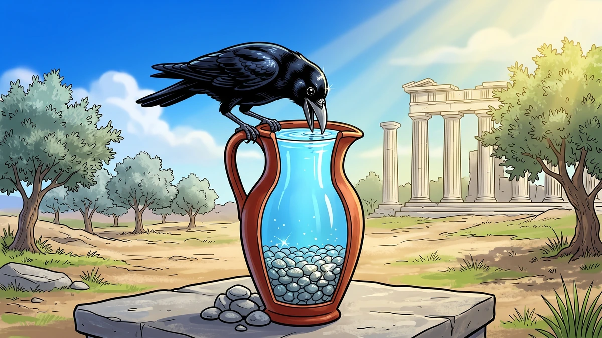The Crow and the Pitcher - Scene 04 - The Drink - Triumphant close-up of black crow on pitcher rim with beak dipped in cool clear water risen to brim, pebbles at bottom through cutaway, marble Greek columns, olive grove, golden sunlight, vibrant ACK style