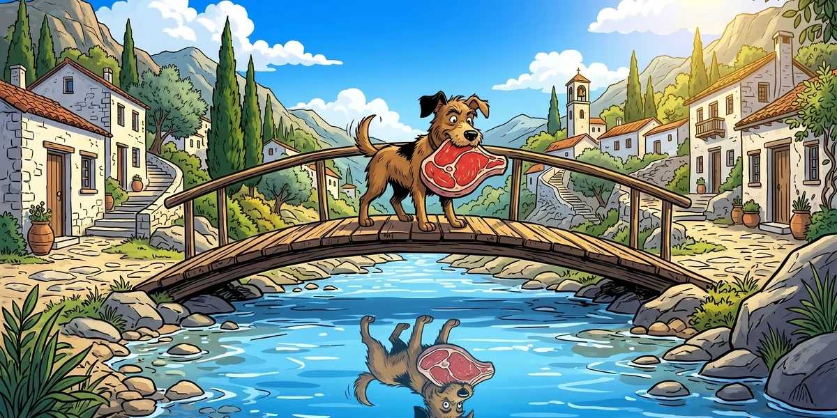 The Dog and His Reflection - Cover - Scruffy brown street-dog standing on a small wooden footbridge over a clear shallow blue stream holding a magnificent fat juicy piece of red beef in his jaws, with his perfect reflection visible below, Greek mountain village stone houses, vibrant Amar Chitra Katha style