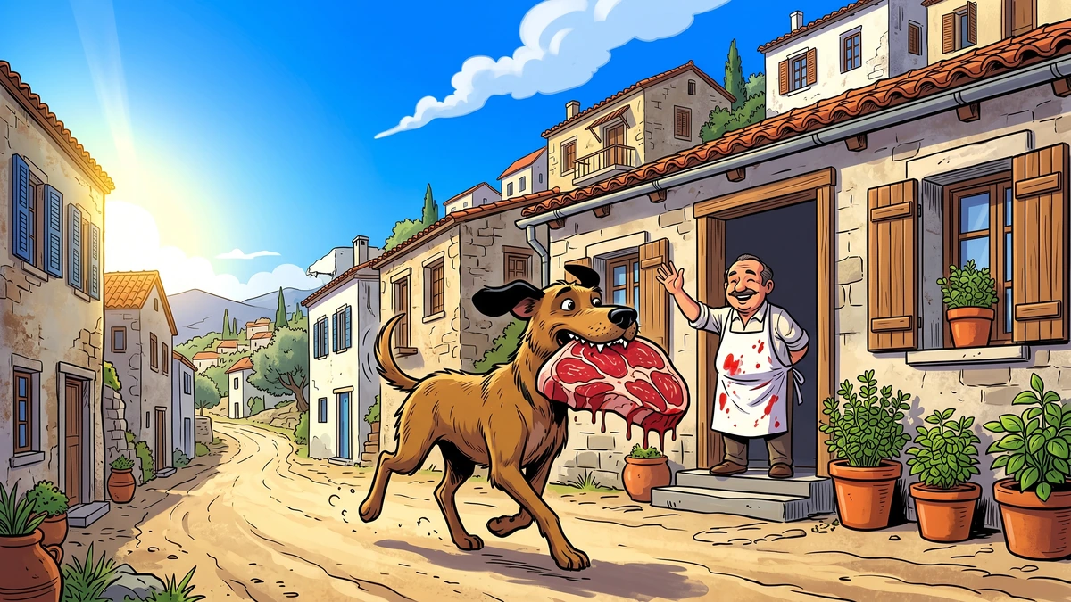 The Dog and His Reflection - Scene 01 - The Lucky Dog - Bright sunny morning at the back door of a small Greek butcher's shop with a scruffy brown street-dog trotting away happily holding a fat juicy piece of red beef in his jaws, the kind butcher in white apron smiling and waving from the doorway, vibrant ACK style