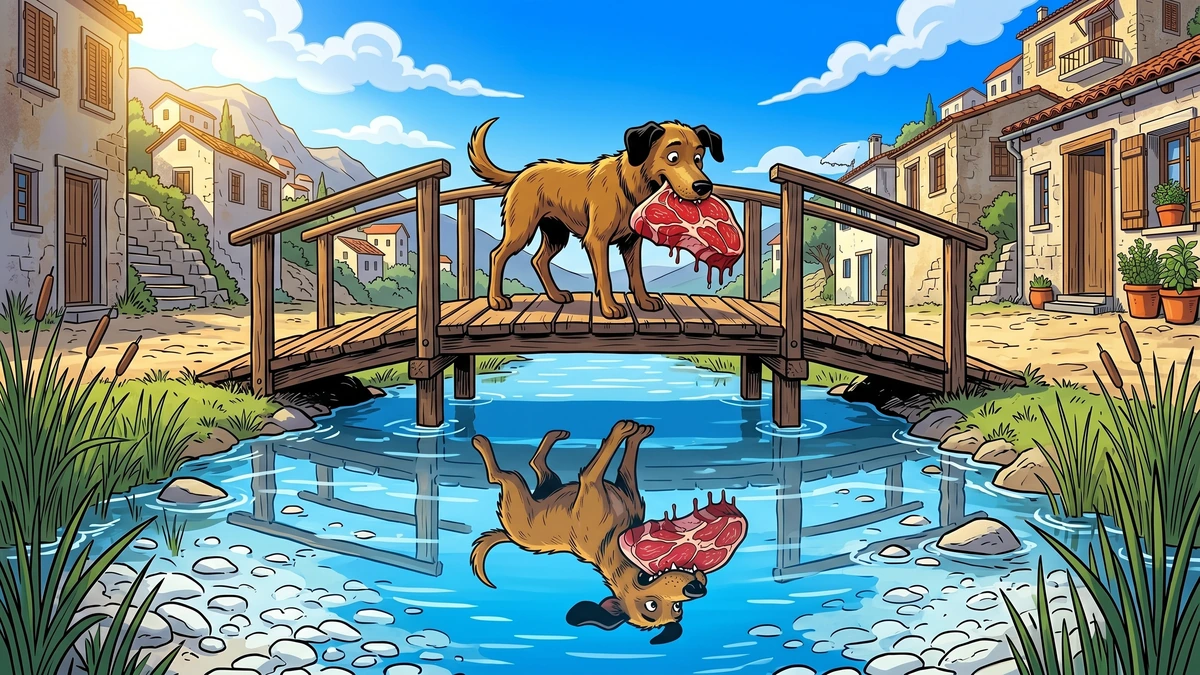The Dog and His Reflection - Scene 02 - The Bridge - Scruffy brown street-dog standing on a small wooden footbridge over a clear shallow blue stream looking down at his perfect reflection holding the same red beef in the mirror-clear water below, vibrant ACK style