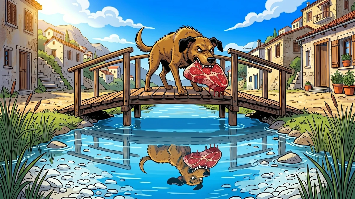 The Dog and His Reflection - Scene 03 - The Greedy Snarl - Dramatic close-up of the brown dog snarling DOWN at the water with bared white teeth and raised hackles, his reflection snarling back up with the same teeth and meat, vibrant ACK style