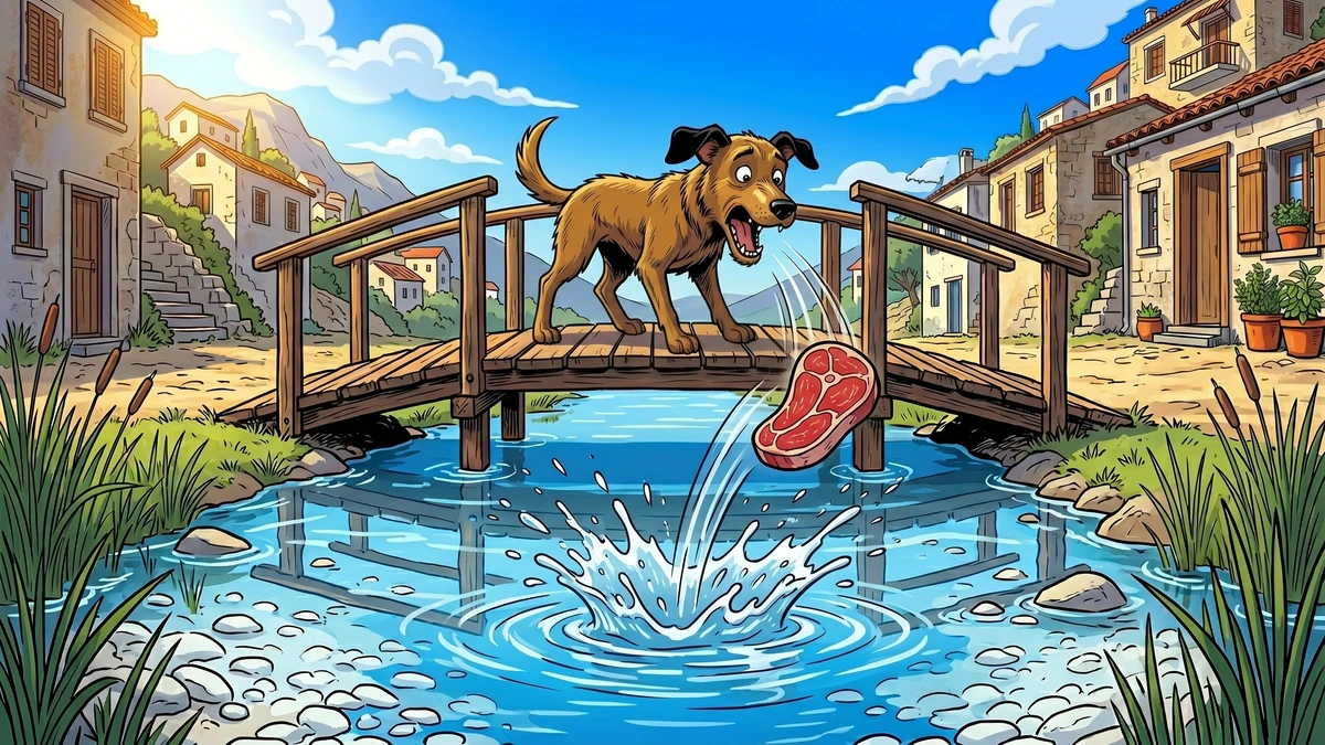 The Dog and His Reflection - Scene 04 - The Splash - Dramatic action moment with the dog opening his jaws and the magnificent fat juicy piece of red beef falling through the air toward the splash in the water below, vibrant ACK style