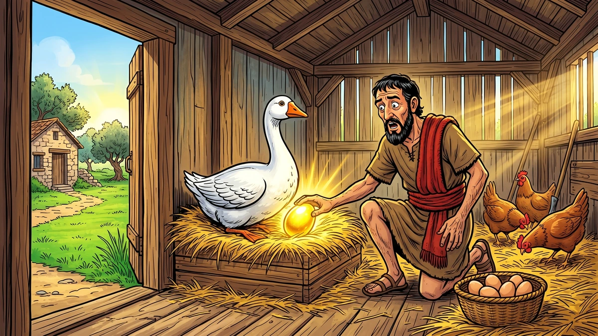 The Goose That Laid the Golden Eggs - Scene 01 - The Discovery - Bright morning inside Greek wooden chicken coop with white goose in straw nest, farmer in brown tunic kneeling beside nest reaching for a radiant golden egg with astonishment on his face, brown chickens, wicker basket of brown eggs, vibrant ACK style