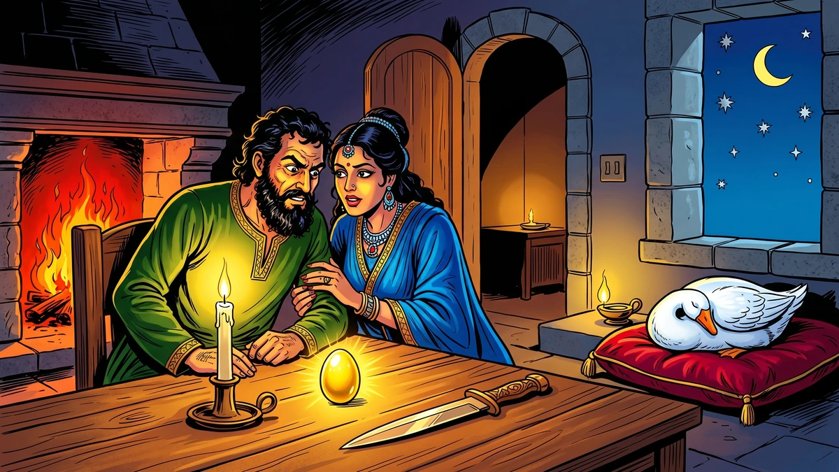 The Goose That Laid the Golden Eggs - Scene 03 - The Plot - Dramatic candlelit night scene with farmer and wife leaning together whispering greedy plans, golden egg and bronze knife on oak table, sleeping white goose visible through doorway, starry night sky through window, vibrant ACK style