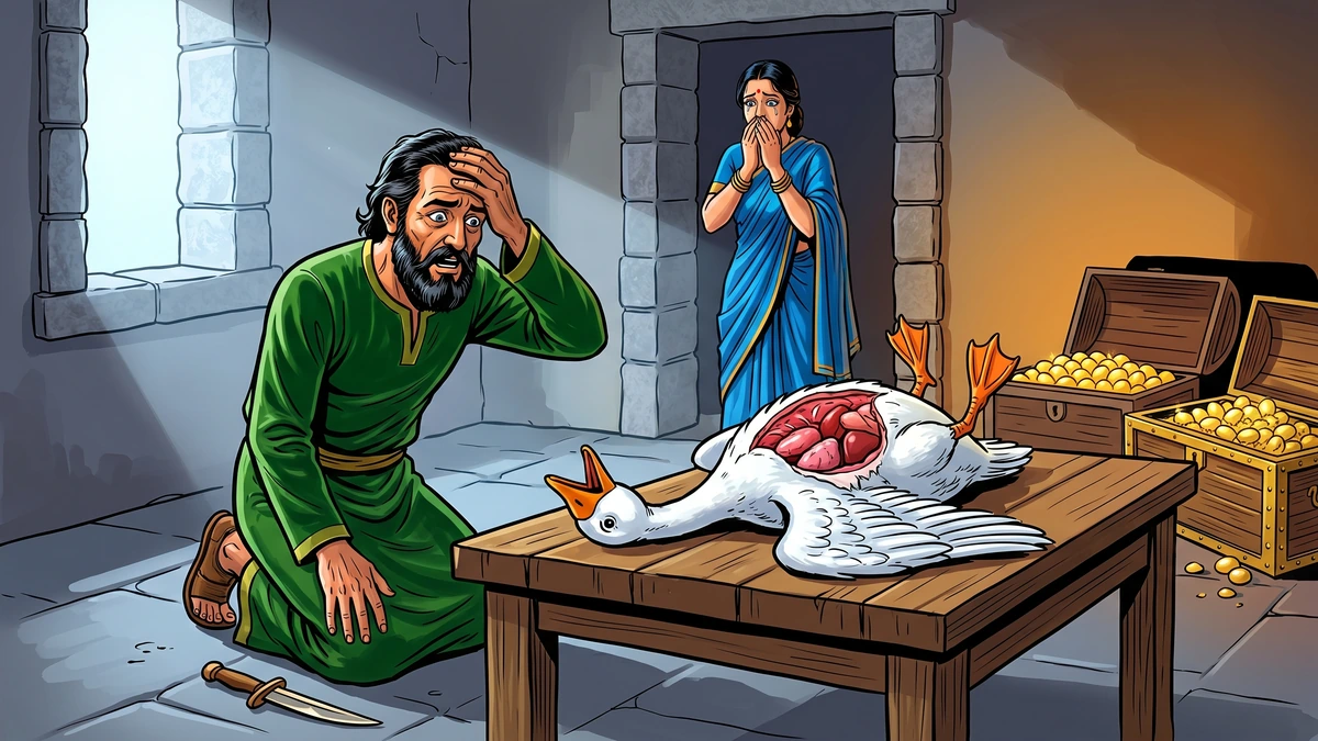 The Goose That Laid the Golden Eggs - Scene 04 - The Empty Goose - Dramatic morning scene with farmer kneeling in horror beside the lifeless white goose on the table with chest cut open showing only ordinary pink goose flesh and no gold, wife in doorway with hands to mouth, golden eggs glittering uselessly in chests, vibrant ACK style