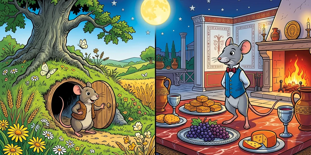 The Town Mouse and the Country Mouse - Cover - Split-frame composition with the humble grey-brown country mouse in brown vest at his oak-burrow door in a sunny meadow on left, and the elegant grey town mouse in a fine blue silk waistcoat with red bow-tie on a Roman dining table laden with golden honey-cakes, grapes, cheese, and fire on the right, full moon and stars binding both halves, vibrant Amar Chitra Katha style