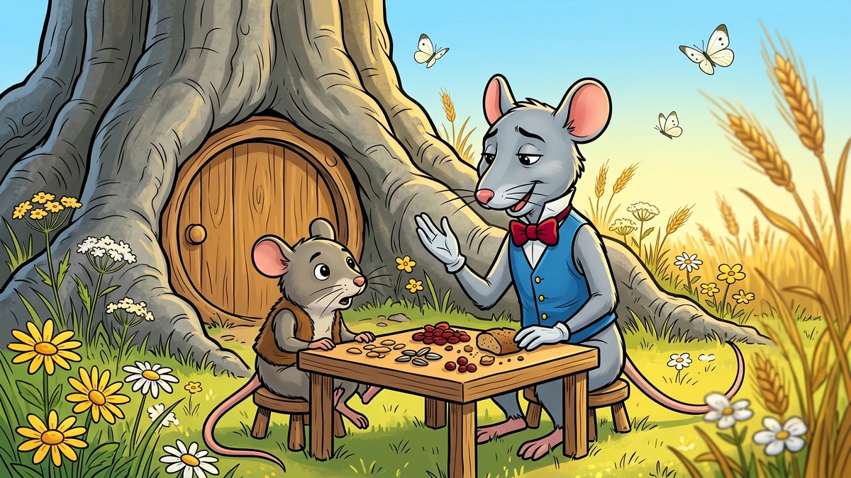The Town Mouse and the Country Mouse - Scene 02 - The Town Mouse's Pity - Town mouse in fine blue silk waistcoat and red bow-tie at country mouse's tiny table with paw raised in pity, country mouse looking up with surprised innocent eyes, oak roots, golden meadow light, vibrant ACK style