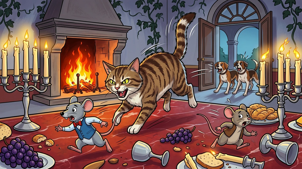 The Town Mouse and the Country Mouse - Scene 04 - The Sudden Terror - Dramatic action with great snarling tabby cat leaping across banquet table after fleeing terrified mice, hunting dogs barking in doorway, scattered grapes and overturned goblets, vibrant ACK style