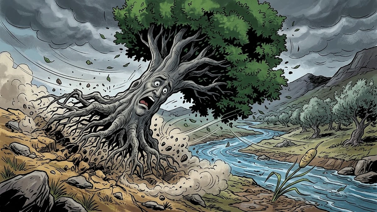 The Oak and the Reed - Scene 03 - The Oak Falls - Dramatic moment as the magnificent old Greek oak tree with personified shocked face is violently uprooted by the storm wind its gnarled hundred-foot roots tearing out of the dry firm ground in an explosion of dirt and stones, the slender Greek reed bending humbly and surviving, vibrant ACK style