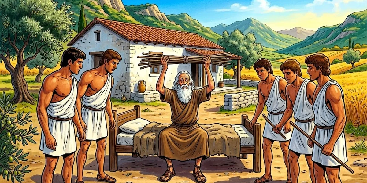 The Bundle of Sticks - Cover - Kind weathered old Greek farmer with white beard sitting on a low wooden bed in front of a small whitewashed Greek stone farmhouse holding up high a bundle of olive sticks tied with leather cord, surrounded by his five strong young Greek sons in white tunics, gnarled olive trees, golden wheat fields, vibrant Amar Chitra Katha style