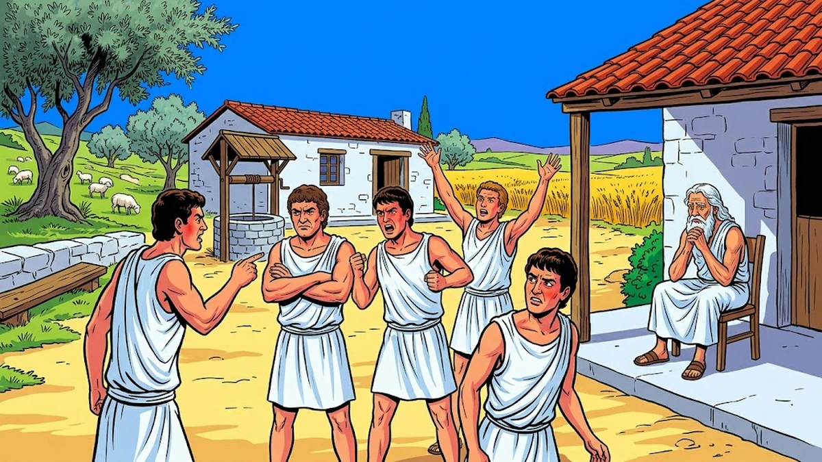 The Bundle of Sticks - Scene 01 - The Quarrelling Sons - Five strong young Greek brothers in white tunics in animated angry argument with each other in the courtyard of a Greek stone farmhouse, the kind weathered old Greek father with white beard watching with sad patient eyes from a small wooden chair, vibrant ACK style
