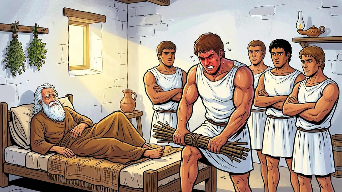 The Bundle of Sticks - Scene 02 - The Eldest Son Tries - The eldest Greek son in white tunic standing in a whitewashed Greek farmhouse bedroom pressing the bundle of olive sticks across his bent knee with all his might his face going red with effort but the bundle UNBROKEN, the old Greek father with white beard watching from his low wooden bed, the four other brothers watching, vibrant ACK style