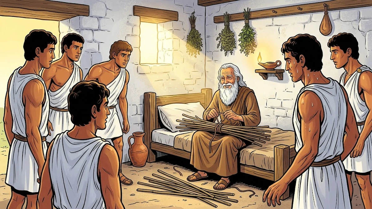 The Bundle of Sticks - Scene 03 - The Father Unties the Bundle - The kind weathered old Greek farmer with long white beard sitting up on his low wooden bed smiling gently with calm wisdom, his thin trembling hands carefully untying the leather cord that bound the bundle of olive sticks, the dozen sticks beginning to spread apart on the floor, the five strong Greek brothers in white tunics watching with puzzled curious faces, vibrant ACK style