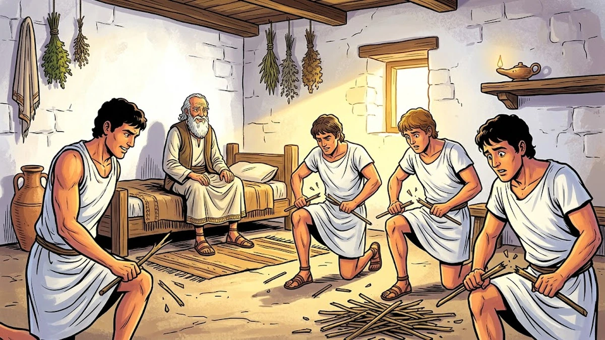 The Bundle of Sticks - Scene 04 - The Single Sticks Snap - Each of the five strong young Greek brothers in white tunics snapping a single thin dry olive stick across his bent knee with an easy CRACK, single sticks breaking cleanly into two pieces, brothers' faces showing dawning realization and humility, the kind old Greek father with white beard watching with the small calm satisfied smile of a teacher whose lesson has just landed, vibrant ACK style