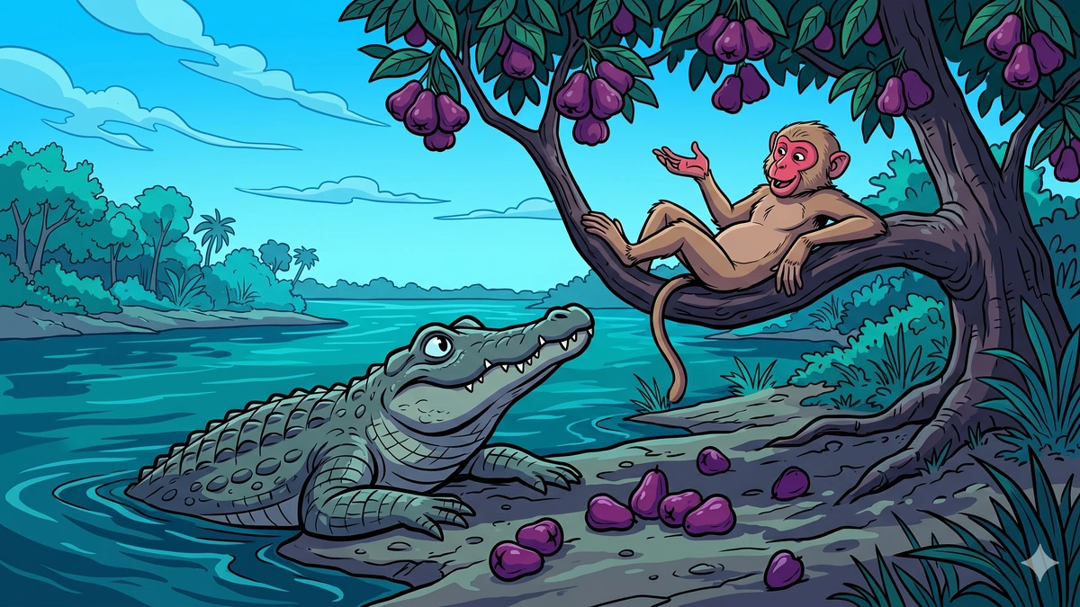 The friendship: Raktamukha the monkey on a low branch chatting with Karalamukha the Indian crocodile half-out of the water on the riverbank, scattered jambu fruits between them, deep teal river