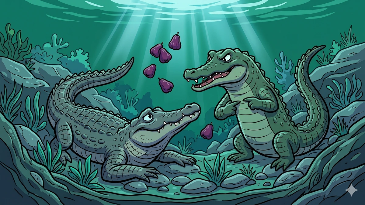 The wife's demand: Karalamukha and his wife in their underwater home, deep teal water, slate-grey rocks, deep purple jambu fruits floating, the wife at the moment of the terrible request