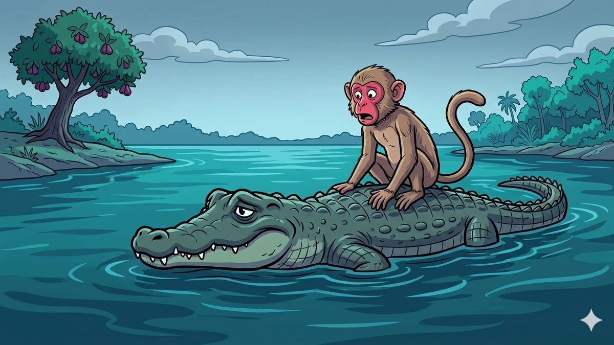 Mid-river confession: Raktamukha the monkey perched on Karalamukha's back as the crocodile swims through the deep teal river, the great jambu tree shrinking on the shore behind them