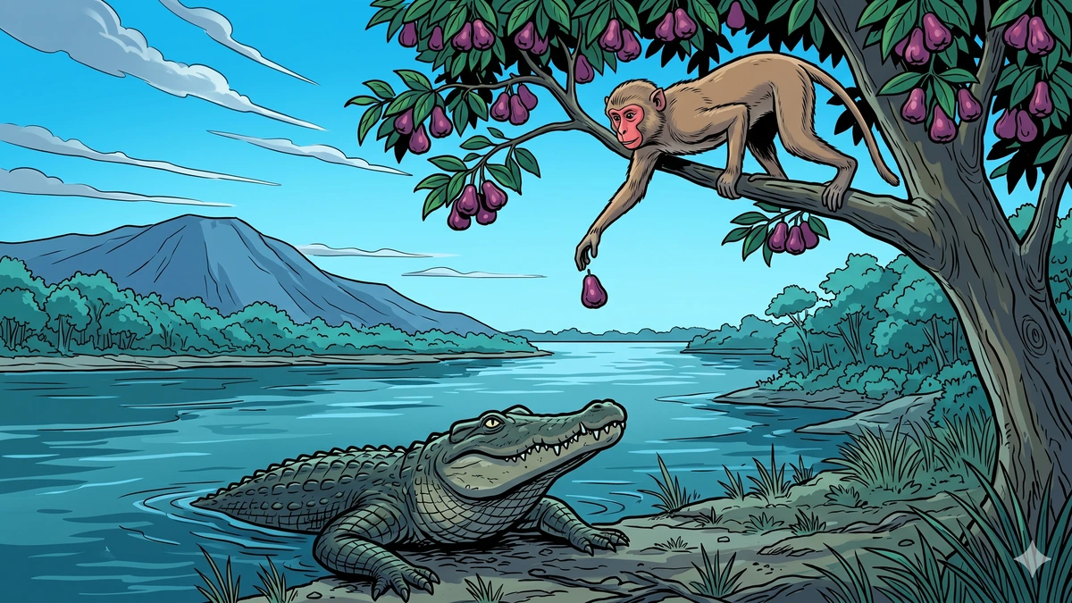 The vindication: Raktamukha safely back high in the topmost branches of the jambu tree, looking down with calm intelligence at Karalamukha thrashing furiously in the deep teal river below