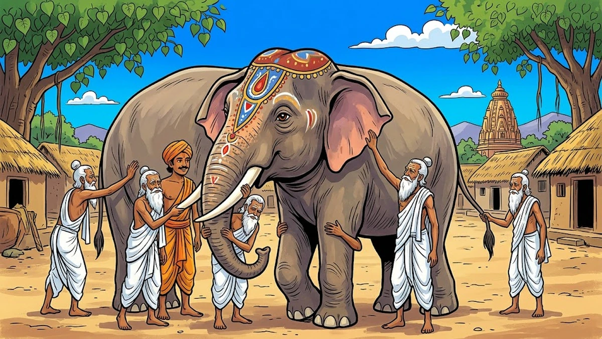 The Blind Men and the Elephant - Scene 02 - The Sages Touch the Elephant - Six wise old Indian Brahmin sages in white dhotis each touching a different part of the large gentle Indian elephant, one feeling the side flank, one the ivory tusk, one the trunk, one the leg, one the ear, one the tail, the kind young Indian mahout in saffron dhoti and turban watching, vibrant ACK style