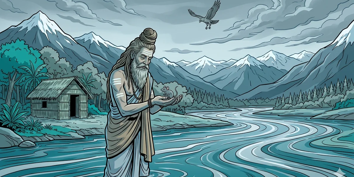 The Hermit and the Mouse - Cover - The Indian hermit cradling the tiny mouse that has just fallen from a hawk's talons at his Ganges riverbank ashram, cool blue river, slate-grey mountains, deep teal palette - Amar Chitra Katha Style