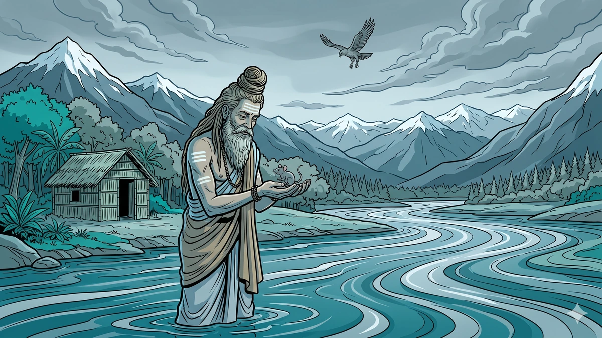 The Hermit and the Mouse — the hermit cradles the tiny mouse fallen from a hawk's talons at his Ganges-bank ashram