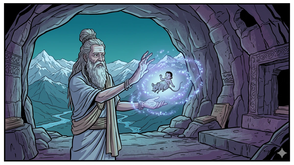 The Hermit and the Mouse — the hermit transforming the rescued mouse into a baby girl by his ascetic power