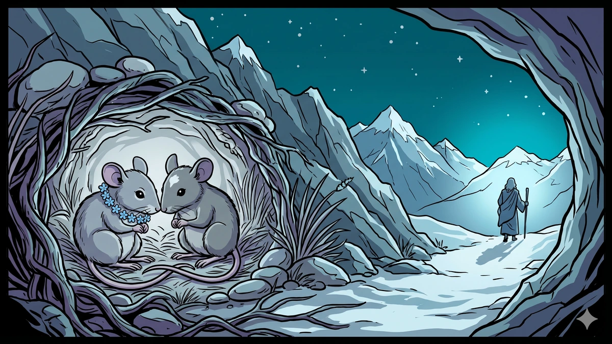 The Hermit and the Mouse — the maiden returned to her true mouse-form, married to her mouse-husband under the moonlit Himalayan mountain