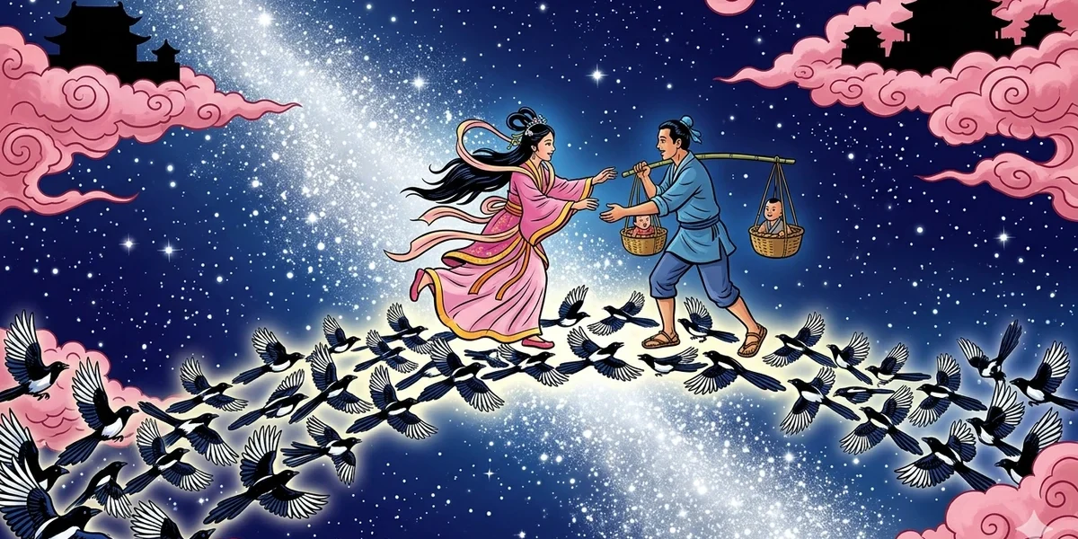 Niulang the Cowherd and Zhinü the Weaver Girl meet on the bridge of magpies across the silver river — Amar Chitra Katha style illustration