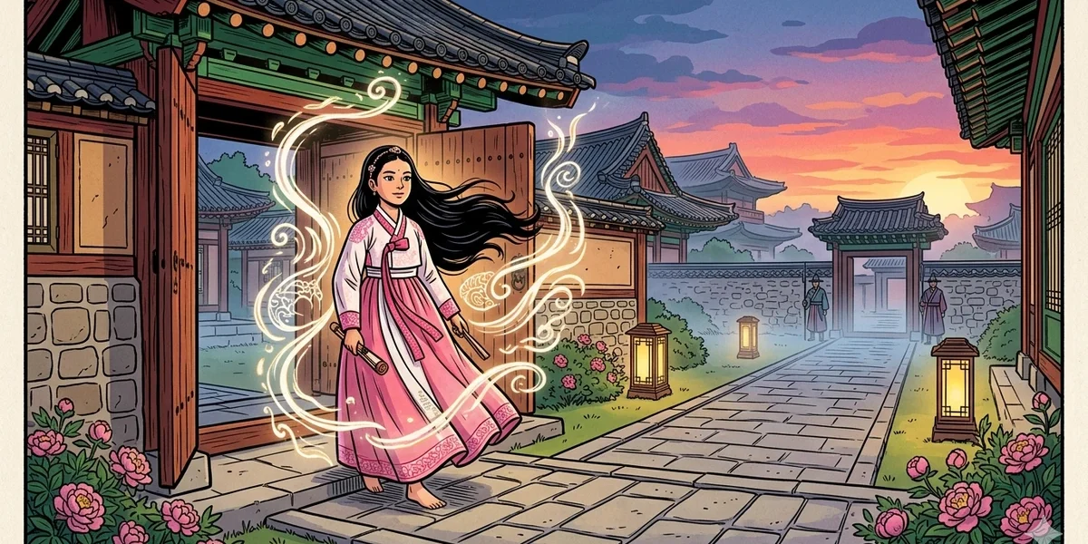 Princess Bari (Bari Gongju, Korean) - Korean shamanic origin myth - the abandoned seventh princess who walked into the underworld to save her parents - ACK style illustration