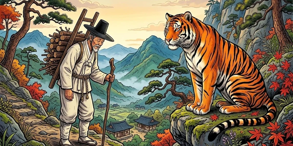 The Grateful Tiger Korean folktale - Joseon woodcutter facing magnificent Korean tiger on misty pine mountainside