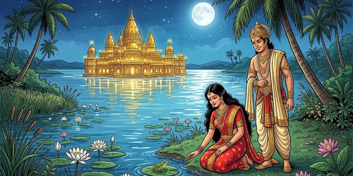 Thakurmar Jhuli: The Prince of the Golden Palace - Cover - Indian Bengali prince in dhoti, Bengali grandmother storyteller, Indian palace, vibrant Amar Chitra Katha style