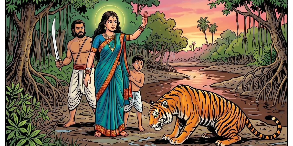 Bonbibi the Bengali Sundarbans forest goddess shielding the boy Dukhe from Dakkhin Rai the demon tiger