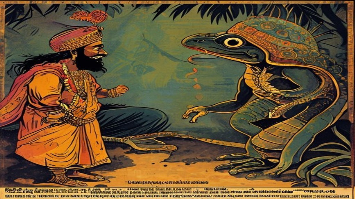 An aged cobra bowing humbly before the King of Frogs on a lily-covered pond bank