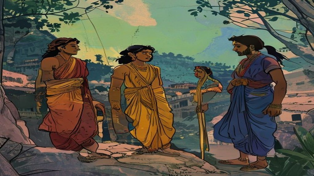 Four Brahmin scholars walking together along a forest path, deep in learned discussion