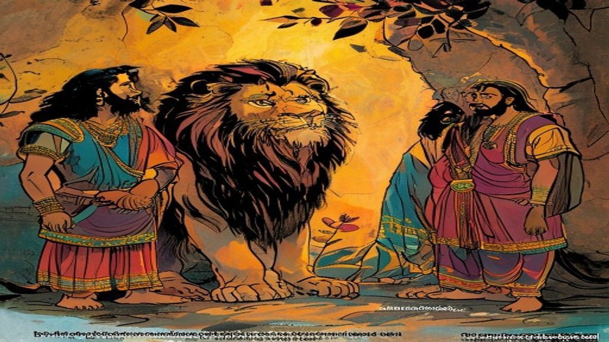Three scholars reassembling the lion skeleton in a forest clearing while the fourth watches with alarm