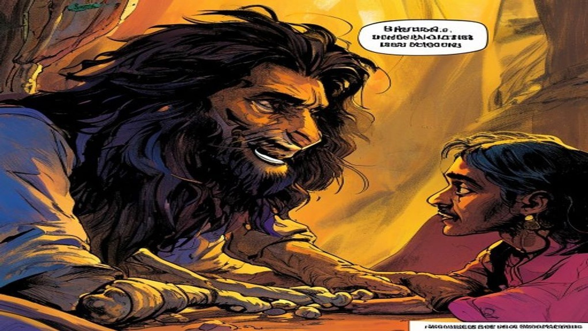 The lion roaring to life in the forest clearing as three scholars stand before it in shock
