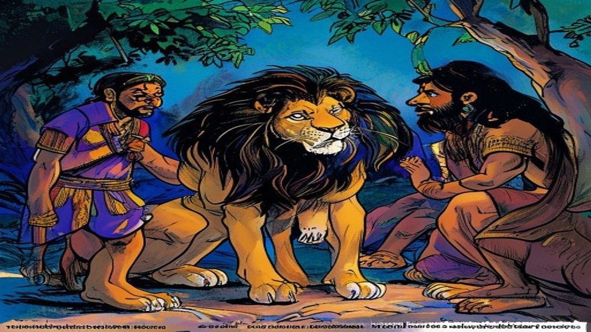Subuddhi watching safely from the tree as the lion attacks the three scholars below