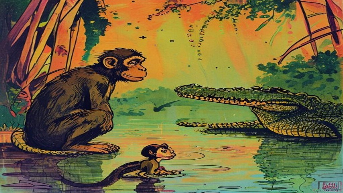 The monkey looking calm and clever while riding the crocodile, who appears troubled